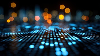 Abstract digital grid with glowing blue and orange lights, blurred city backdrop