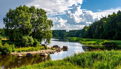 Lush Green River Landscape with Dramatic Clouds on a Sunny Day.