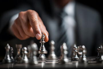 Hand moving silver king chess piece on board, symbolizing strategic business decision-making and planning.