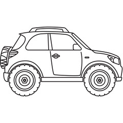SUV line art with big tires perfect for kids coloring books, transportation themes, and playful educational designs.