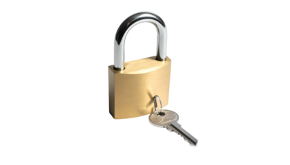 A close-up, isolated view of a shiny, golden padlock with a silver shackle and a silver key beside it. The background is black