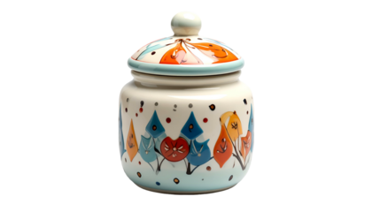 A cylindrical ceramic jar with a lid. The jar is painted with stylized trees and floral designs in vibrant colors on a creamy background