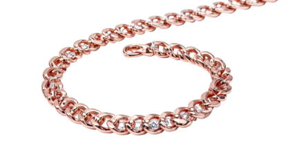 A close-up view presents a rose-gold chain necklace with small, sparkling embellishments along its linked structure, set against a black backdrop