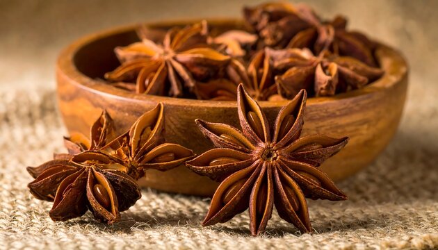 Close-up of Star Anise Pods in a Wooden Bowl on a Burlap Background. - Powered by Adobe