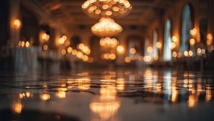 Obraz premium Ornate ballroom with chandeliers and reflections on marble floor