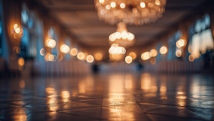Ornate, softly lit hall with a sparkling chandelier and reflective floor