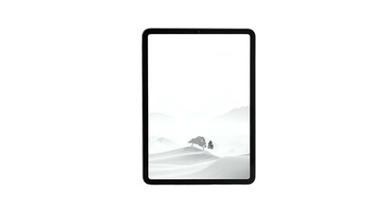 Fototapeta premium A grayscale tablet showcases a serene desert scene. Hazy mountains, a solitary tree, and gentle dunes fill the screen's vast white space