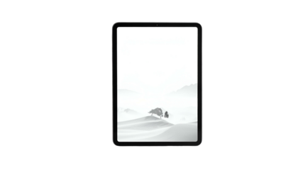 A grayscale tablet showcases a serene desert scene. Hazy mountains, a solitary tree, and gentle dunes fill the screen's vast white space