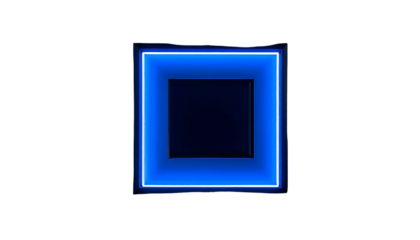 A geometric composition featuring a bright blue neon square within a larger frame, set against a dark, contrasting background