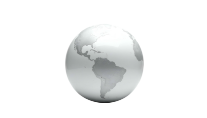 A luminous, chrome-like globe, rendering the Earth with subtly detailed continents against a stark black background. It appears three-dimensional