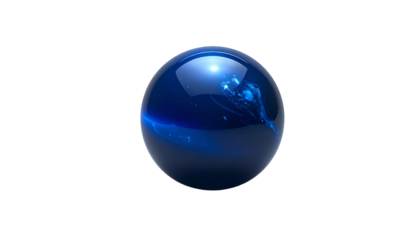 A luminous, glossy sphere, a deep blue color, with internal ethereal swirls and highlights, sits isolated on a stark black backdrop