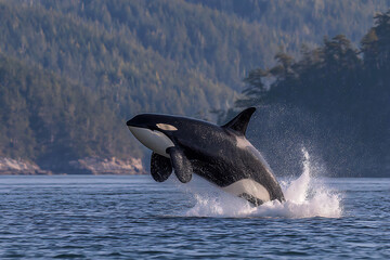Fototapeta premium Majestic Orca Whale Breaching in the Ocean with Lush Green Forest in Background.
