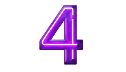 A luminous, purple neon sign shaped as the number four glows against a stark black background. It appears to be made of glass