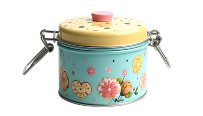 A pastel teal canister with a yellow and pink lid. The body features colorful floral and heart-shaped designs. Metal clasps secure the lid