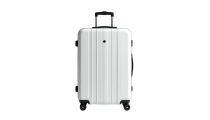 A pristine white hard-shell rolling suitcase with a black handle, against a solid black background. Minimalist design
