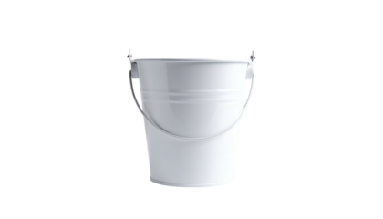 A pristine white pail, with a metal handle, is centered on a black background. The classic shape is well lit