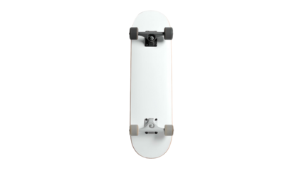 A pristine white skateboard, viewed from above, rests against a solid black background. The trucks and wheels are visible, displaying a minimalist aesthetic
