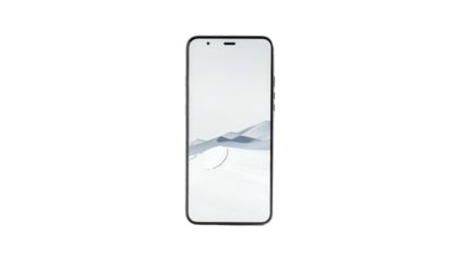 A realistic, frontal view of a smartphone on a black background, with a landscape wallpaper. Clean design