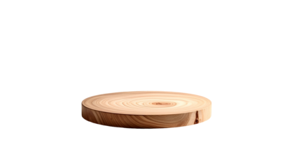 A simple, natural wooden pedestal is isolated against a black background. The circular slice shows the tree's growth rings