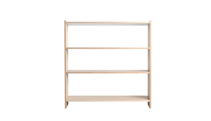 A simple, three-shelved wooden storage unit, rendered against a black backdrop, offering a clean, minimalist design aesthetic
