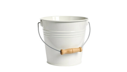 A simple, white metal bucket with a curved wire handle and a wooden grip stands alone against a transparent background