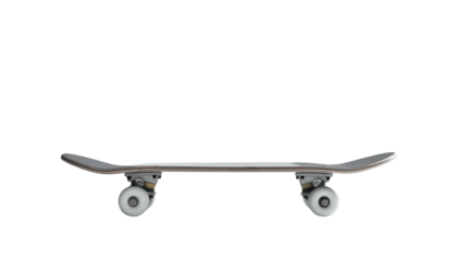 A skateboard, seen from a side profile, isolated against a solid black background. The deck is light gray