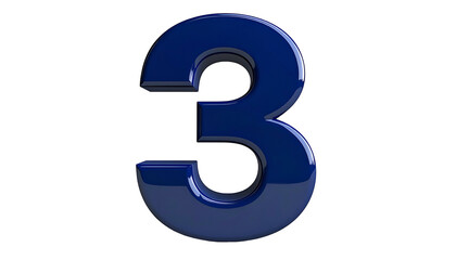 A single, glossy, dark blue digit "3" floats against a stark black backdrop. Its surfaces reflect light, giving it a 3D effect