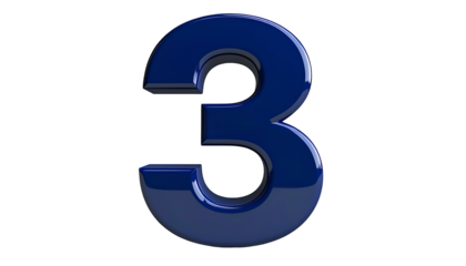 A single, glossy, dark blue digit "3" floats against a stark black backdrop. Its surfaces reflect light, giving it a 3D effect