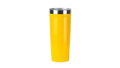 A tall, bright yellow insulated travel tumbler with a silver rim and a black background. Sleek, cylindrical shape