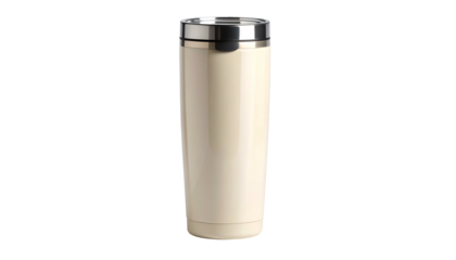 A tall, cylindrical travel mug with a stainless steel top, white body, and black background. The mug is sleek and clean