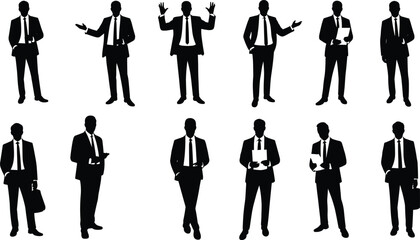 Businessman silhouette set, formal attire poses, gesture and action icons, corporate behavior illustration, cad drawing flat vector illustration, design