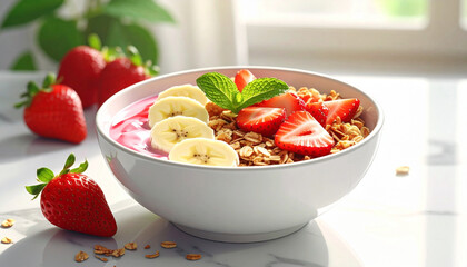 A bowl of strawberry and banana muesli with yogurt presented as a healthy morning meal, highlighting natural fruits