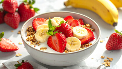 A bowl of strawberry and banana muesli with yogurt presented as a healthy morning meal, highlighting natural fruits