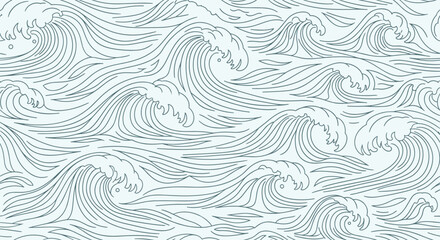 Seamless pattern of rolling ocean waves drawn in a detailed and elegant blue line art style on a light background.