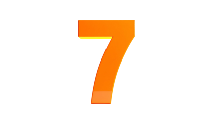 A vibrant, three-dimensional numeral seven rendered in a glossy orange color, outlined in gold, against a stark black backdrop