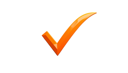 A vibrant, three-dimensional rendering of an orange checkmark, rendered against a stark black backdrop