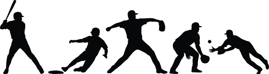 Collection of Black Silhouettes Featuring Baseball Players in Various Dynamic Sports Poses Like Batting Pitching Catching Sliding and Fielding Isolated on White