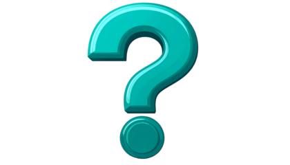 A vibrant turquoise three-dimensional question mark with shadows, suggesting depth against a solid black background. Smooth, glossy finish