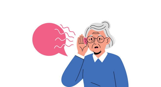 Elderly woman with glasses cupping her hand to her ear to listen better illustrating hearing loss or difficulty hearing.