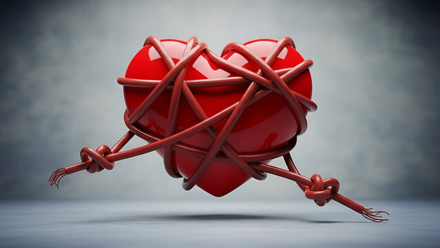 A red heart bound with red rope and restraints