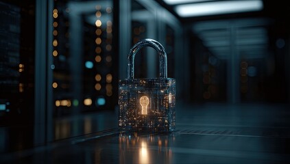 A glowing digital padlock, representing security, in a server room