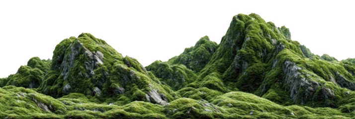 Mossy peaks rise against black