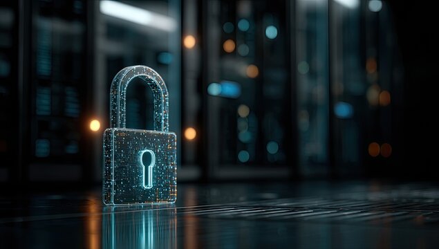 Digital padlock in futuristic server room, symbolizing data security and protection - Powered by Adobe