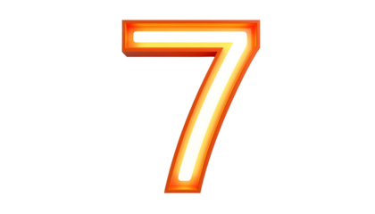 Illuminated number seven, glowing with orange and white light against a solid black background. The digit has a 3D effect
