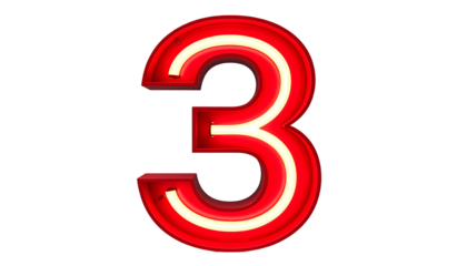 Illuminated numeral "3" in a vibrant red hue with neon-style lighting, isolated against a solid black backdrop