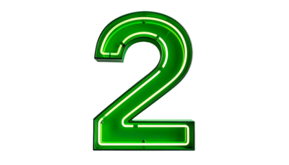 Illuminated number two rendered in neon green with an inner white outline, set against a stark black background