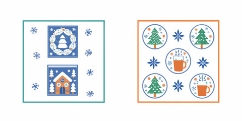 Festive winter scenes depicted on rectangular cards with holiday motifs