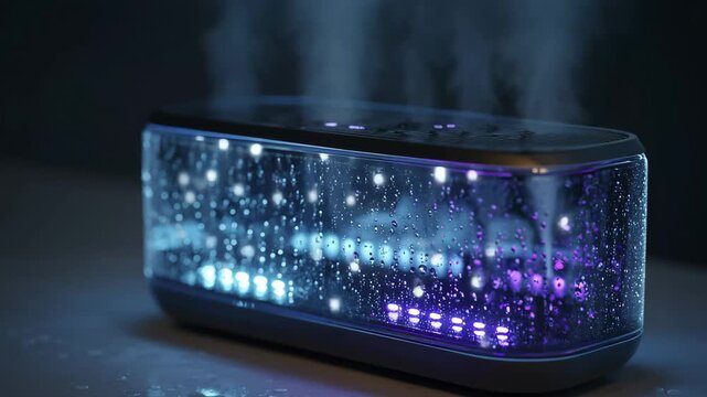 Bluetooth speaker covered in water droplets, suggesting it is waterproof or used in a wet environment.