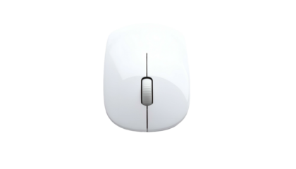 Overhead shot of a glossy white computer mouse against a stark black background. The scroll wheel and buttons are visible