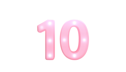 Pink, glowing, 3D numbers "10" set against a stark black background. The numbers have a rounded, playful font